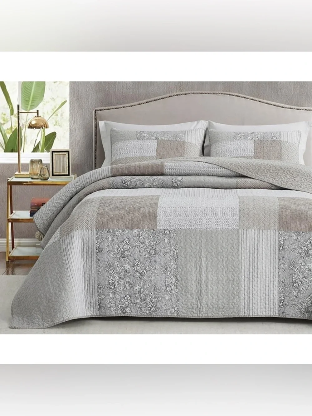 Luxury Neutral Patchwork Queen 3 piece Quilt Set - Gray/Taupe 100% cotton